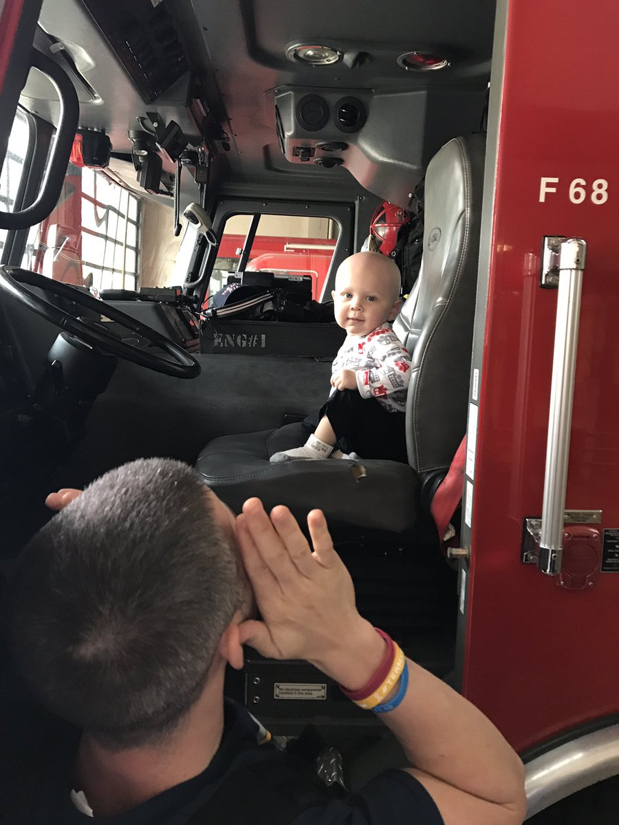 mffa1784's tweet photo. Engine 1's newest Driver, St. Jude patient Easton, stops by to check on his equipment between treatments. #iaff https://t.co/H2GtILfZzu