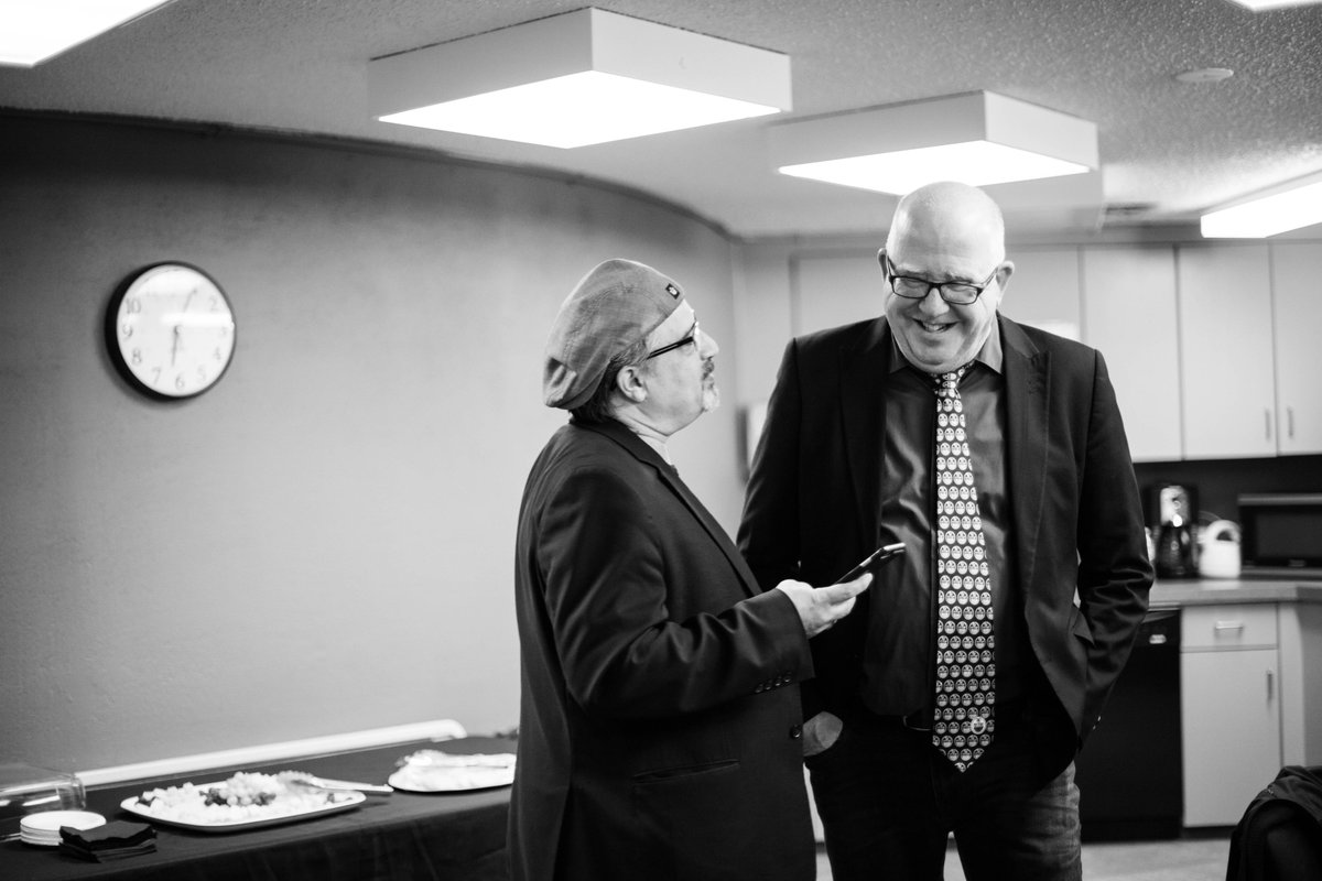 ATATrumpeter26's tweet photo. @MarkATAPres @KenValgardson enjoying a laugh before taking the stage at #ExCred2017 @ExCredStories https://t.co/sWXWgDoTkl