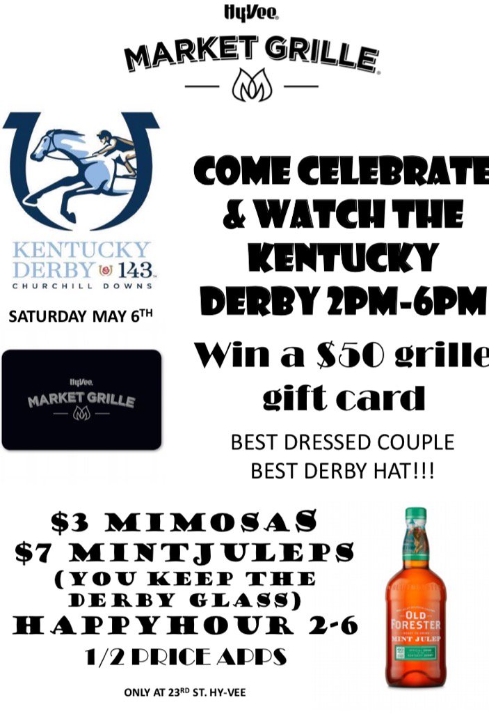 HyVee1260's tweet photo. Join us in the Grille tomorrow for the #KentuckyDerby! We are giving away two $50 Market Grille gift cards! https://t.co/2oXZXnwhdv