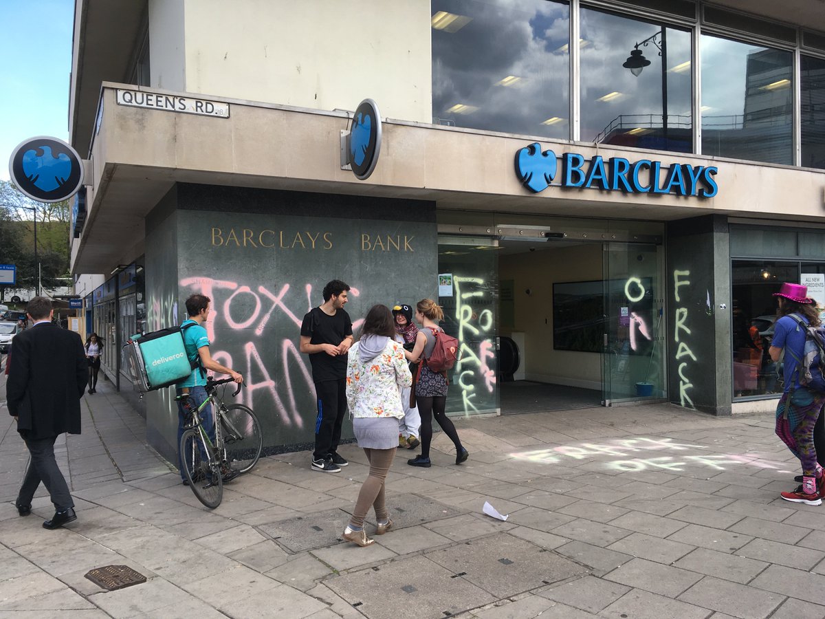 An anti-fracking protest is taking place outside Barclays bank at Clifton Triangle in Bristol.