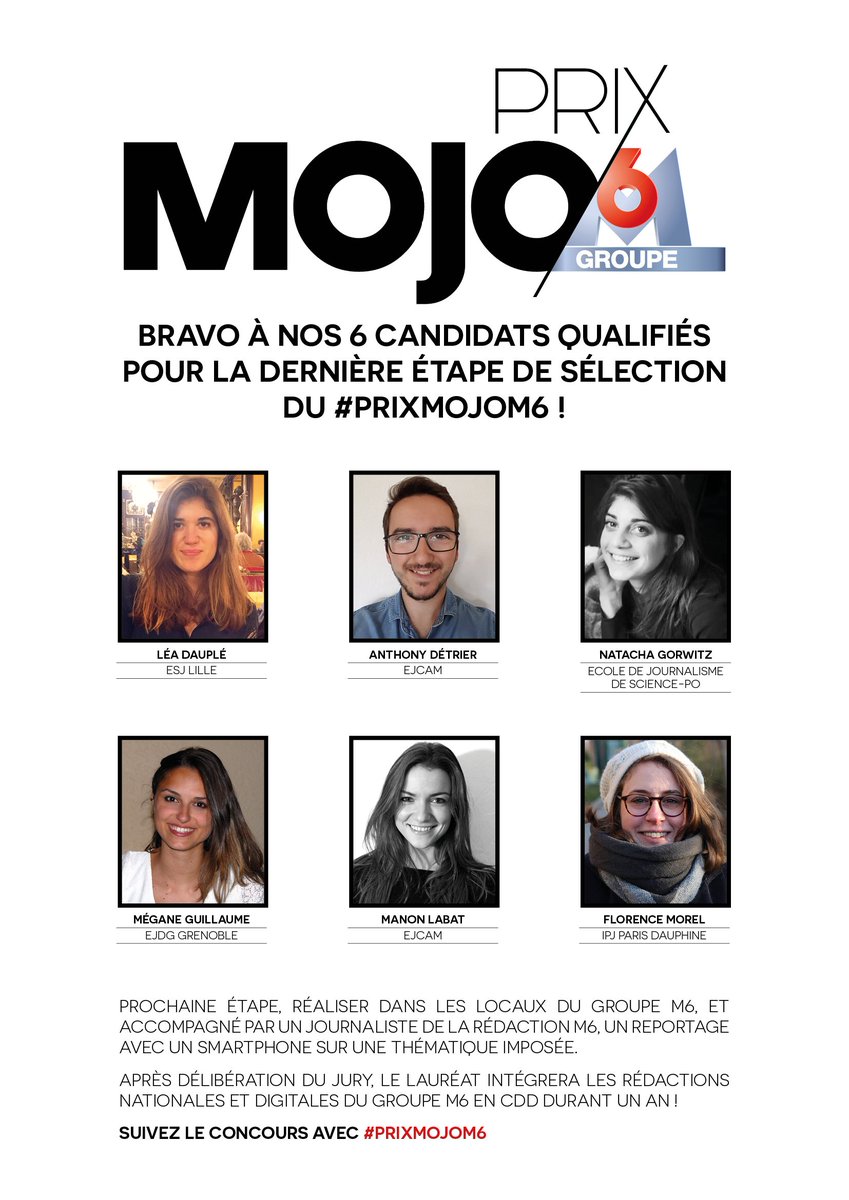 M6campus's tweet photo. Félicitations et bravo à nos 6 candidats finalistes du #PrixMoJoM6 📱! Rdv mercredi prochain dans les locaux @M6Groupe #Journaliste #TV #Web https://t.co/HsLUB7y0iu
