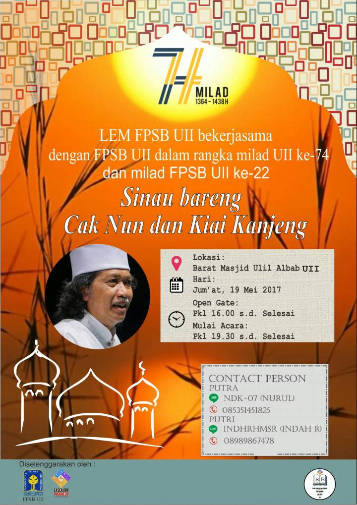 "SINAU BARENG CAK NUN &amp; KYAI KANJENG"
📅 : jumat, 19 mei 2017
💌 :"Ramadhan mmbntuk insan Ulul Albab"
terbuka utk umum. (FREE)!! 😱
