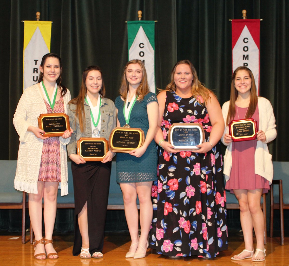 QoPPride's tweet photo. Congratulations to the Class of 2017 (from L-R) Valedictorian Co-Salutatorians, Women of Peace and Principal Leadership Award recipient. https://t.co/AtQYKTC3ro