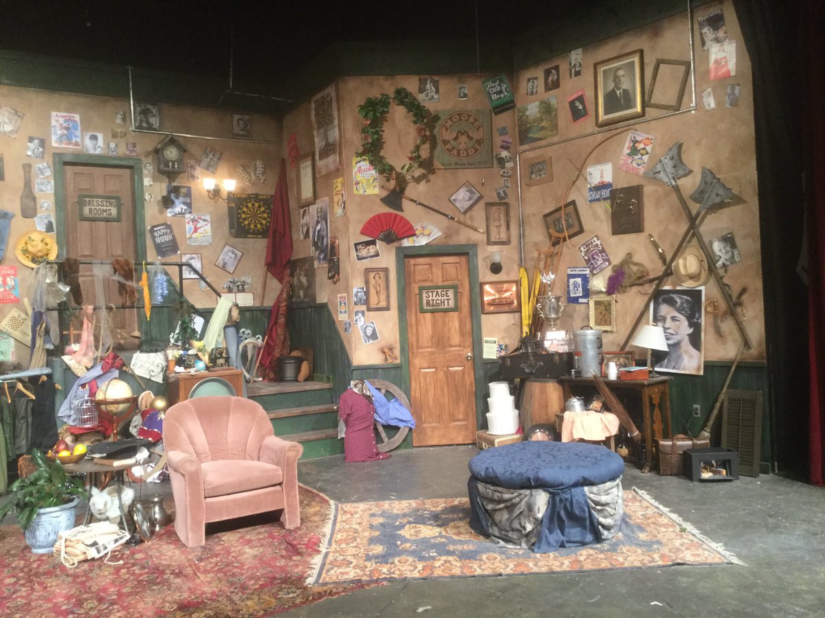 DBQSeniorDrama's tweet photo. The set for MOON OVER BUFFALO includes an homage to many of the past 10 years of shows at Senior. How many shows can you find represented? https://t.co/AowH2mPd4I