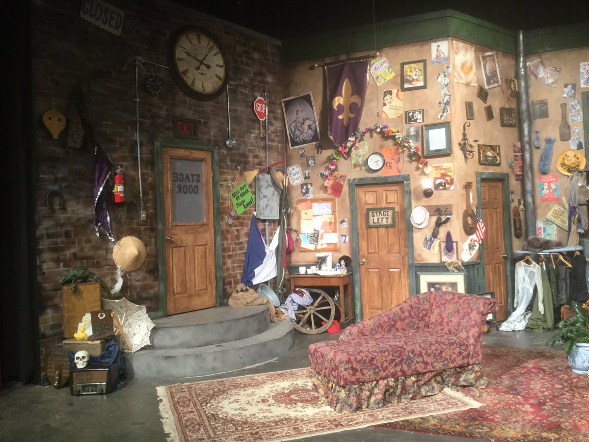 DBQSeniorDrama's tweet photo. The set for MOON OVER BUFFALO includes an homage to many of the past 10 years of shows at Senior. How many shows can you find represented? https://t.co/AowH2mPd4I