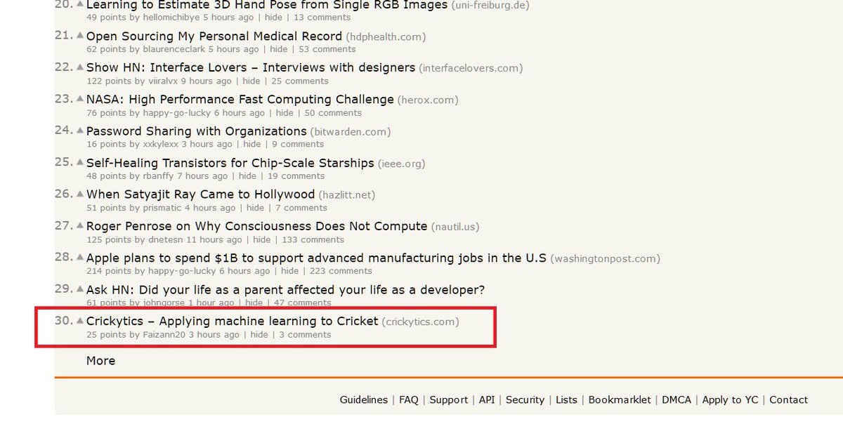 crickytics's tweet photo. @crickytics has just been featured on the front page of @ycombinator
#machinelearning #cricketanalytics #datascience #cricket https://t.co/LzKirZzOxY