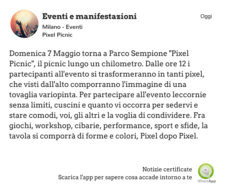 WhereAppVJT's tweet photo. A #Milano il #pixelpicnic lungo un km con workshop, giochi e #sport si comporrà una tavola piena di forme e colori. #evento https://t.co/VS38jfBp2v