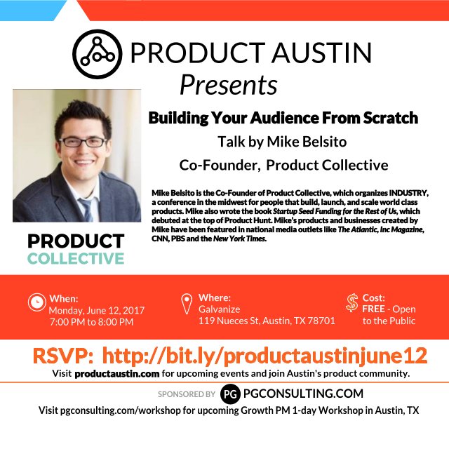 Join us June 12 for our next meetup, "Building Your Audience From Scratch", with Mike <a href="/Belsito/">Mike Belsito</a>.
RSVP at: bit.ly/productaustinj…
#prodmgmt
