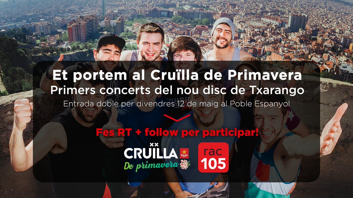 rac105's tweet photo. 📢 Et portem al primer concert de @Txarango al #CruilladePrimavera, amb totes les entrades exhaurides 😵🌺 Participa al sorteig fent RT+follow! https://t.co/3XUQm12lbe