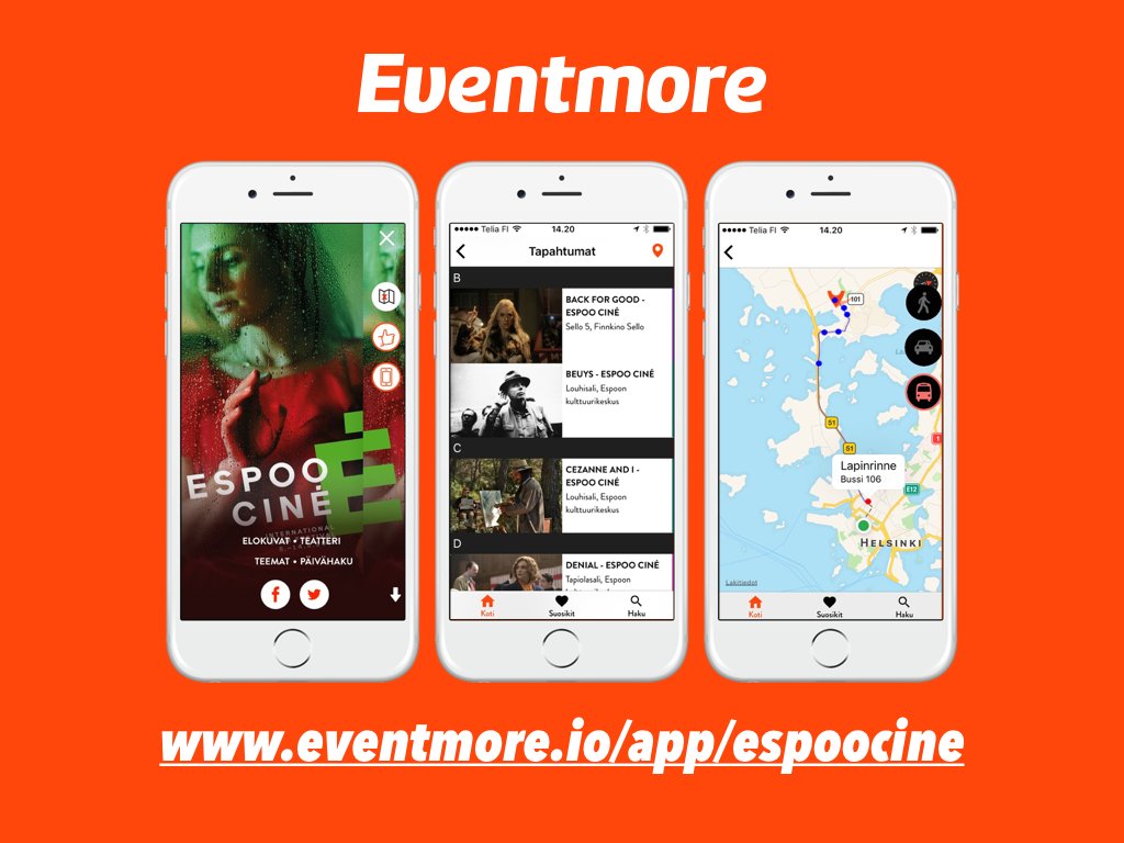 EventmoreApp's tweet photo. @EspooCineIFF on alkanut! Lataa ohjelma https://t.co/VZoiGBrLc8 ja lue Eventmoren tärpit: https://t.co/HCxjiWPx9m https://t.co/PChzJJq9yg