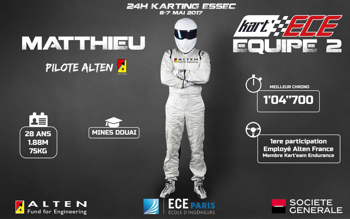 Après le GP ALTEN de <a href="/kart_ece/">Kart'ECE</a>, on soutient Matthieu, #ingénieur <a href="/AltenNord/">Alten Nord</a> engagé sur les 24h ESSEC avec notre partenaire <a href="/kart_ece/">Kart'ECE</a> ! 🏎️🚦😎