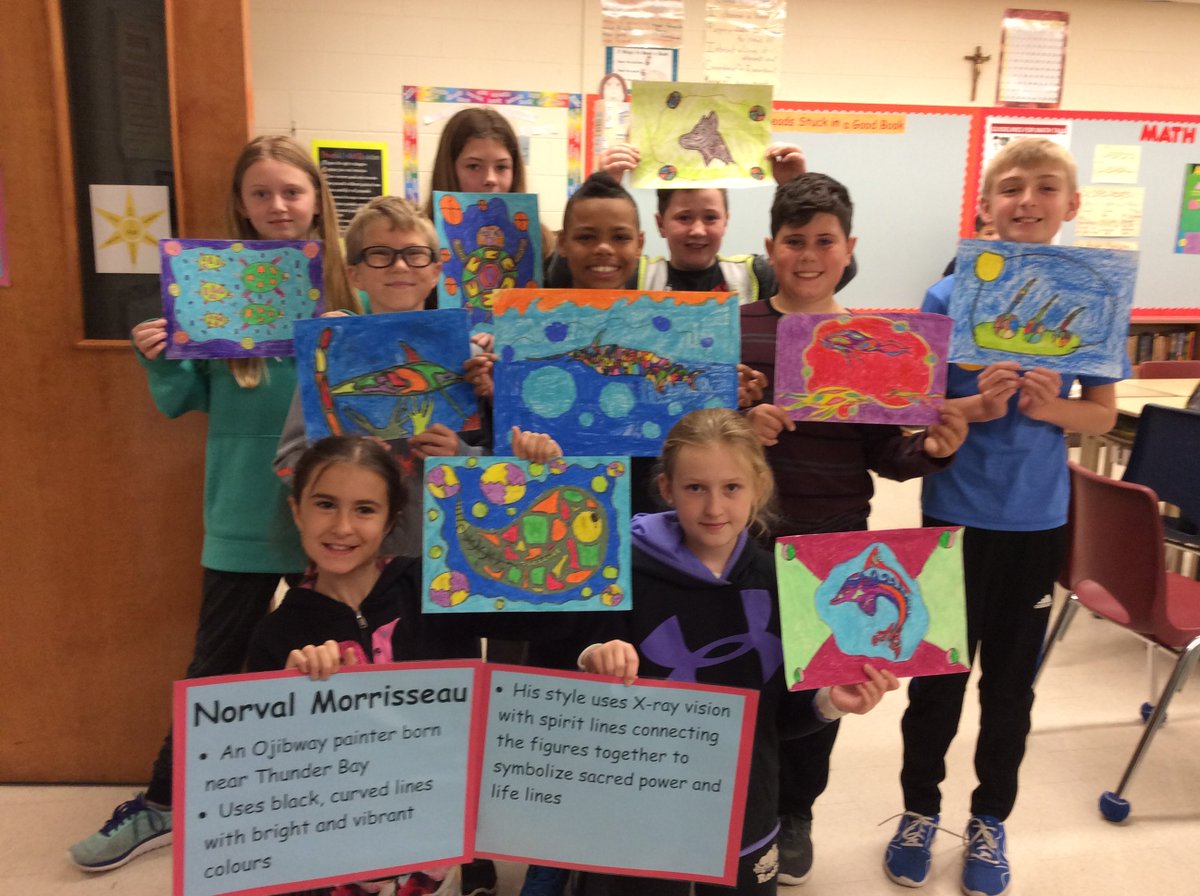 Mrs_Morra's tweet photo. Artwork inspired by Norval Morrisseau, a Canadian Ojibwe artist #FNMI #CEW2017 @CatholicEdu #PVNClearns @MLCBlazers https://t.co/9raa6WCapV