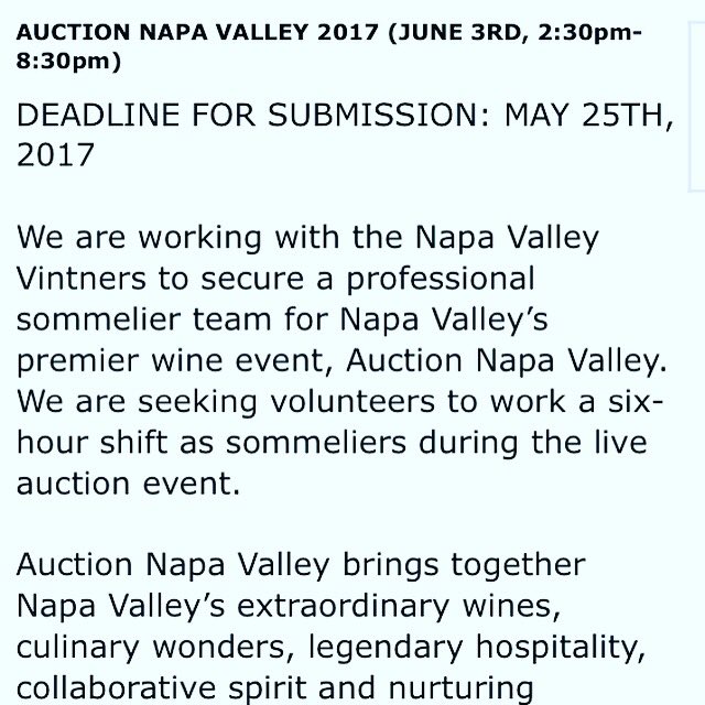 We are looking for volunteers for Auction Napa Valley on June 3rd! <a href="/NapaVintners/">Napa Valley Vintners</a> puts on a legendary event and you can be a part of it!