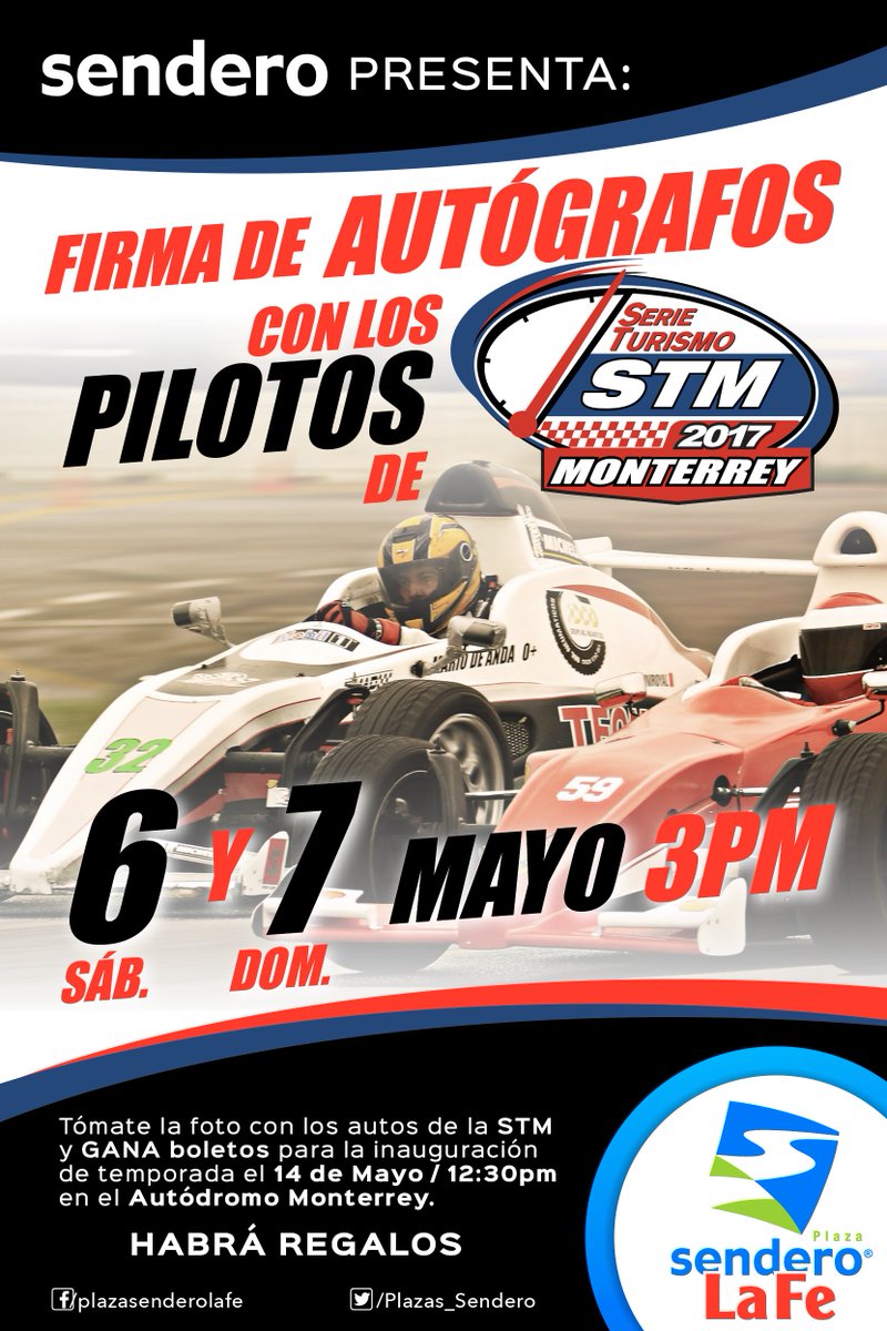 visitanos este fin de semana en @Plazas_Sendero La Fe, y llévate pases de cortesía para el área de pits, regalos y la foto con las edecanes
