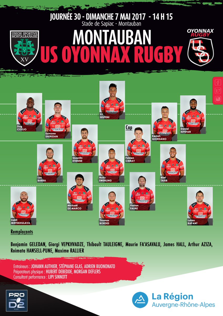 OyonnaxRugby's tweet photo. Le XV titulaire pour le déplacement chez l'@UsmSapiacRugby #TeamUSO #USMUSO #J30 #PROD2 https://t.co/2P0sbdXcb6 https://t.co/3he0PJHjKs