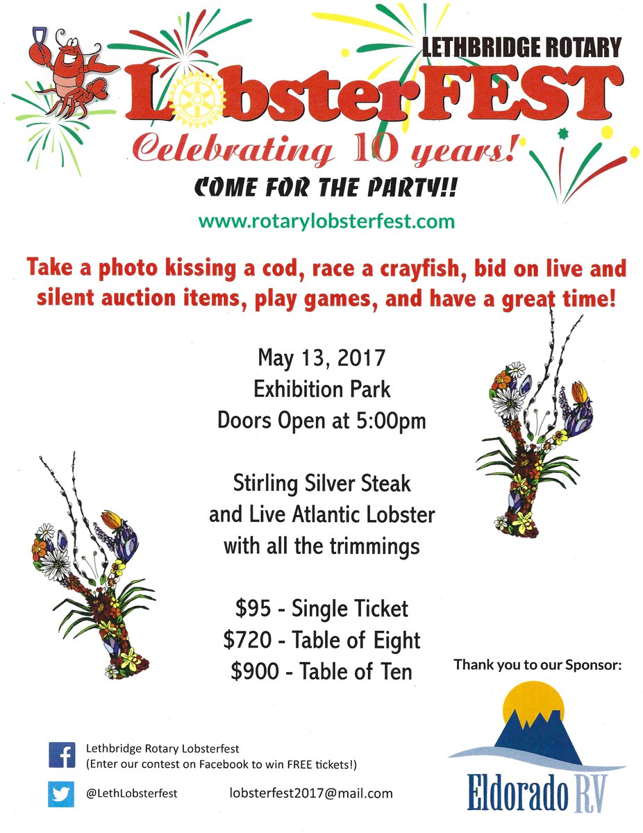 LethLobsterfest's tweet photo. Ticket sales for Rotary @LethLobsterfest close on Monday. Thanks to @cjocfm @981TheBridge Lethbridge VW for their sponsorship.#welovelobster https://t.co/lw6DgvHxow