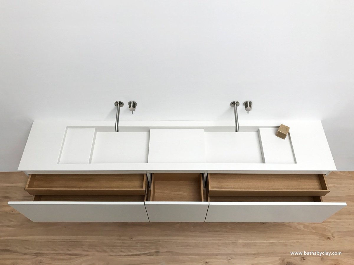 bathsbyclay's tweet photo. Our Level basin with Divide inlay platform in satin white #HIMACS, matte lacquered cabinet and oak veneer drawers. #bathsbyclay #bathroom https://t.co/u5S7B2O5Zy