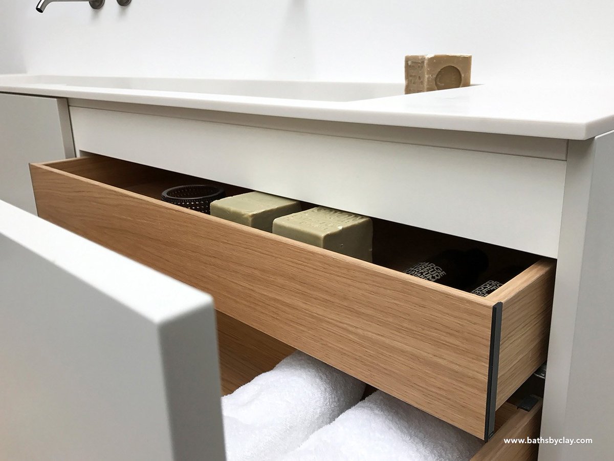 bathsbyclay's tweet photo. Our Level basin with Divide inlay platform in satin white #HIMACS, matte lacquered cabinet and oak veneer drawers. #bathsbyclay #bathroom https://t.co/u5S7B2O5Zy