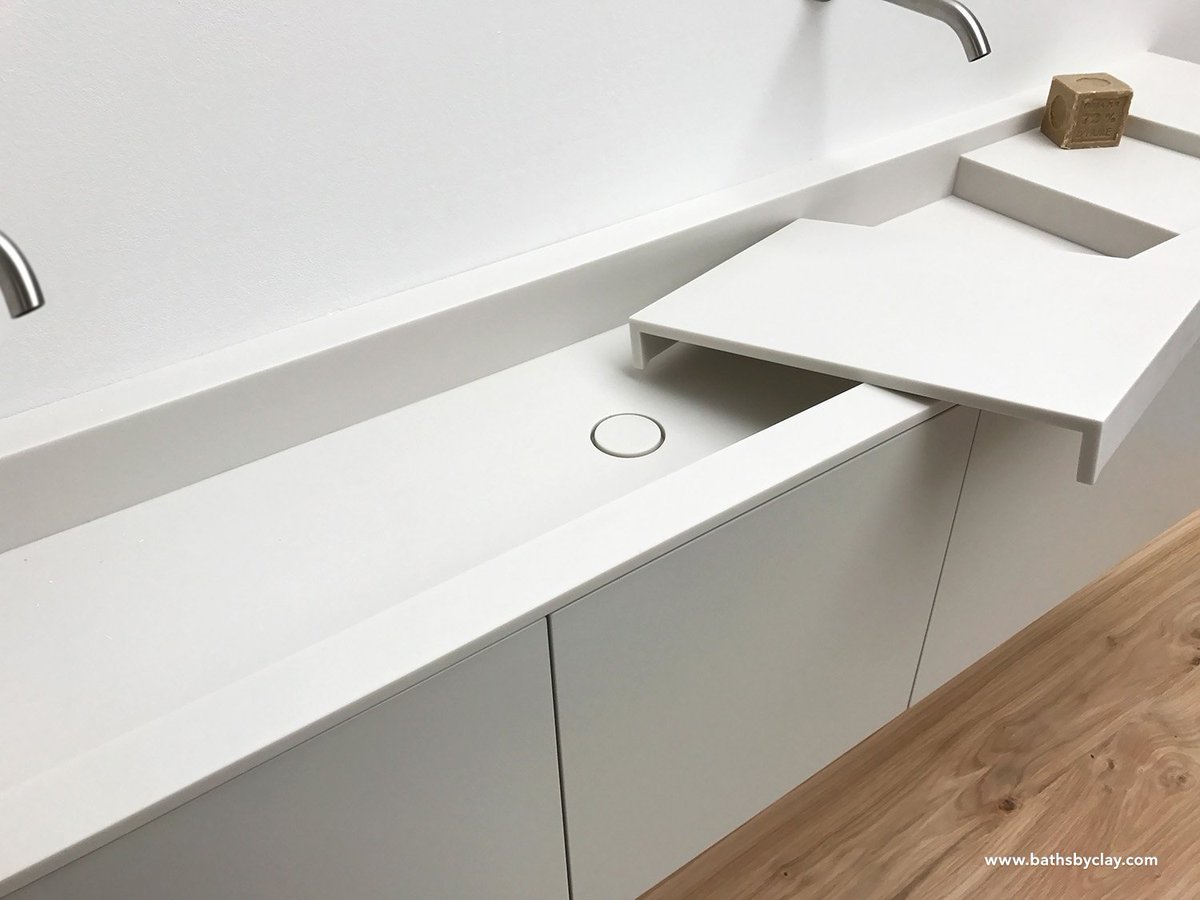 bathsbyclay's tweet photo. Our Level basin with Divide inlay platform in satin white #HIMACS, matte lacquered cabinet and oak veneer drawers. #bathsbyclay #bathroom https://t.co/u5S7B2O5Zy