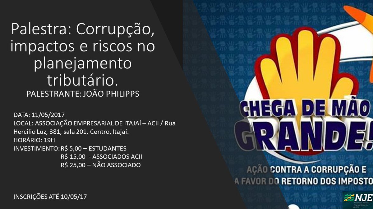 itajai_acii's tweet photo. Núcleo de Jovens Empreendedores da ACII promove palestra sobre Corrupção. Participe: https://t.co/4aq3vscxib #acii #nje #cejesc https://t.co/B3L8NWwTq7
