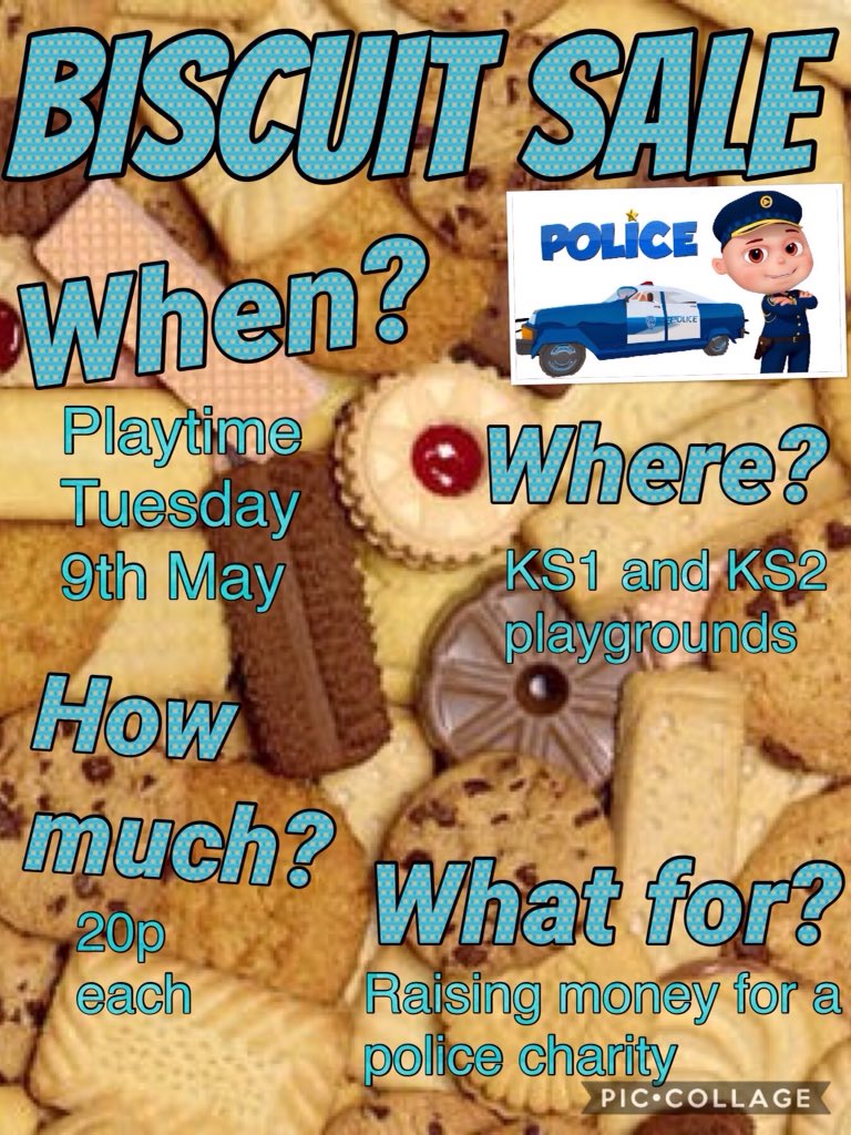 stgac2's tweet photo. @stgilesacad Year 1 biscuit sale! Tuesday 9th May to raise money for a police charity. 20p per homemade biscuit. https://t.co/njPnk31twv