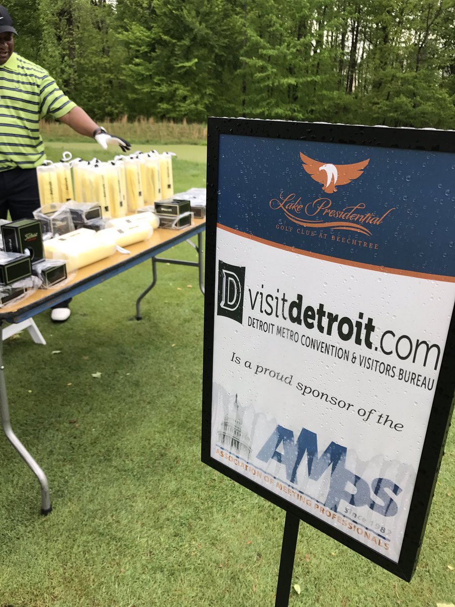 AMPsDC's tweet photo. The party is happening at hole 15 sponsored by @VisitDetroit! Team @visitRaleigh and @VisitKC hitting the green! #AMPsGolf ⛳️ https://t.co/A6pvDMNcKI