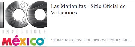 Vota por Las Mañanitas en los 100 Imperdibles de México.
Las votaciones son en el siguiente link.
Gracias!

goo.gl/CCSmyC