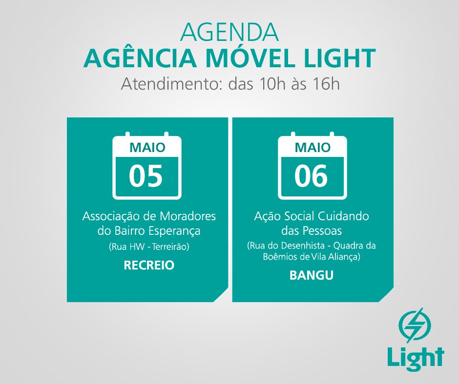 conexaolight's tweet photo. Hoje e amanhã, a agência móvel estará no Recreio e em Bangu. Precisando dos nossos serviços, mas está sem tempo? Aproveite! https://t.co/K5LjowmtaR