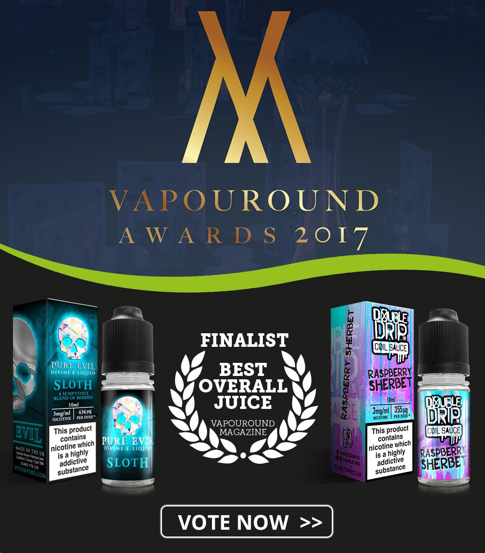 evilvapors's tweet photo. We now have TWO #eliquids in the running to become Best Overall Juice at the Vapouround Awards 2017! Vote now! https://t.co/XKWfte0gWA😤🙌😈 https://t.co/i5mSWHlvyH