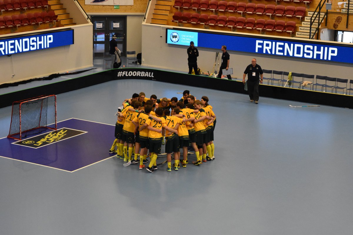 Great game by <a href="/Floorball_AUS/">Floorball Australia</a> who celebrate after their their victory over <a href="/usafloorball/">USA Floorball</a> in <a href="/U19WFC/">IFFWomen's U19 World Floorball Championships</a> #u19wfc