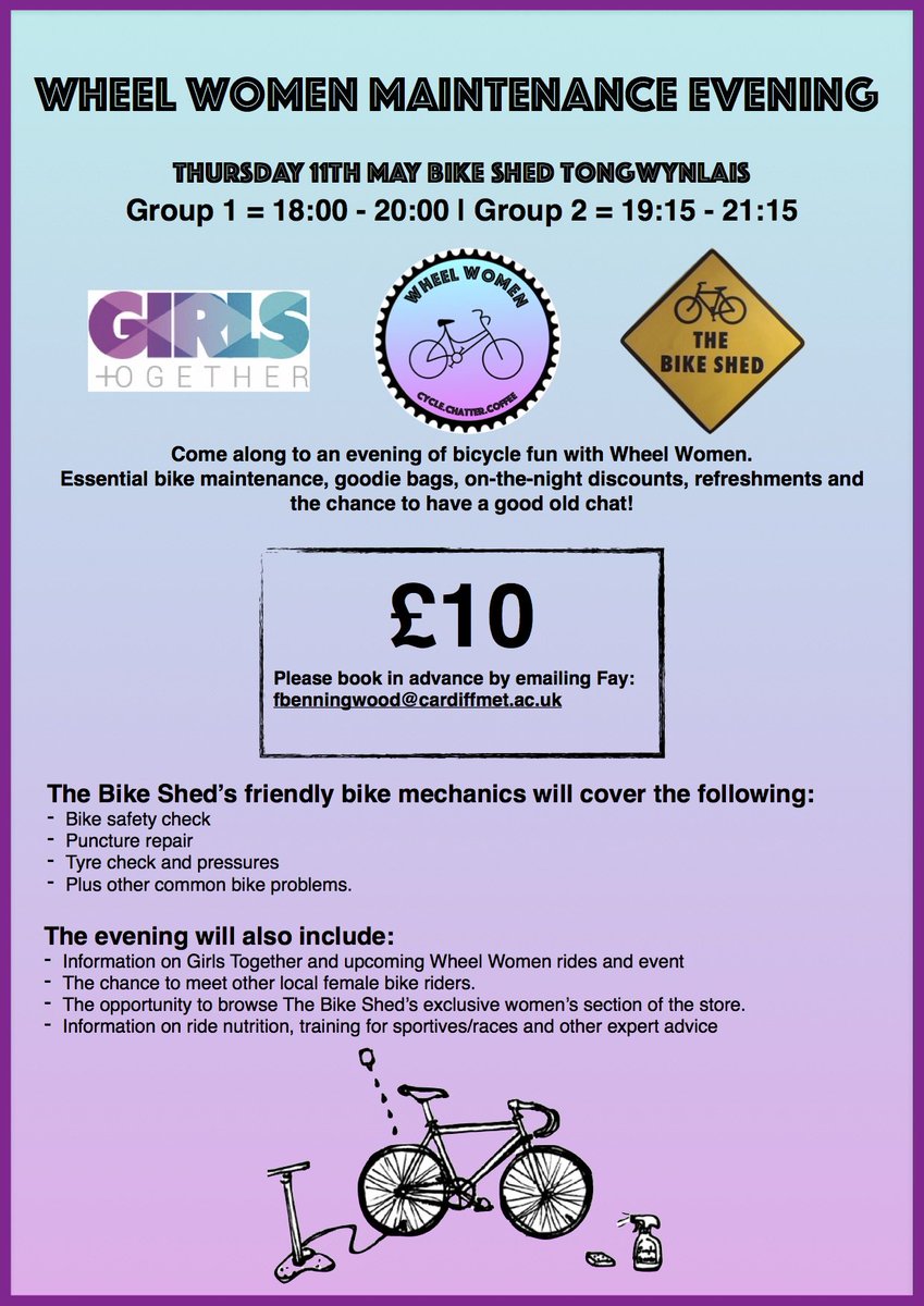 🎉  Wheel Women Maintenance Evening 🎉

Thursday 11/05 at <a href="/BikeShedTon/">BikeShed Tongwynlais</a>  

🔴Essentail repairs 
🔴Goodie Bag 
🔴Discounts 
🔴And more!