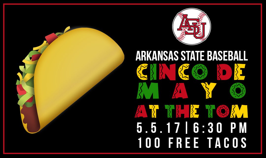 Cha cha cha, it's <a href="/AStateBaseball/">Arkansas State Red Wolves Baseball</a> gameday! Can't wait to celebrate Cinco De Mayo at the Tom. Beat UT-Arlington | 6:30 PM
💛🌮⚾️☀️💃
#WolvesUp