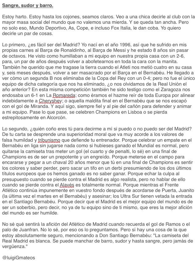 GentlemanMadrid's tweet photo. La carta de una atlética a los madridistas y la contesta de un seguidor blanco. Me duelen las manos de aplaudir. Enorme. https://t.co/dDVMXowPl5