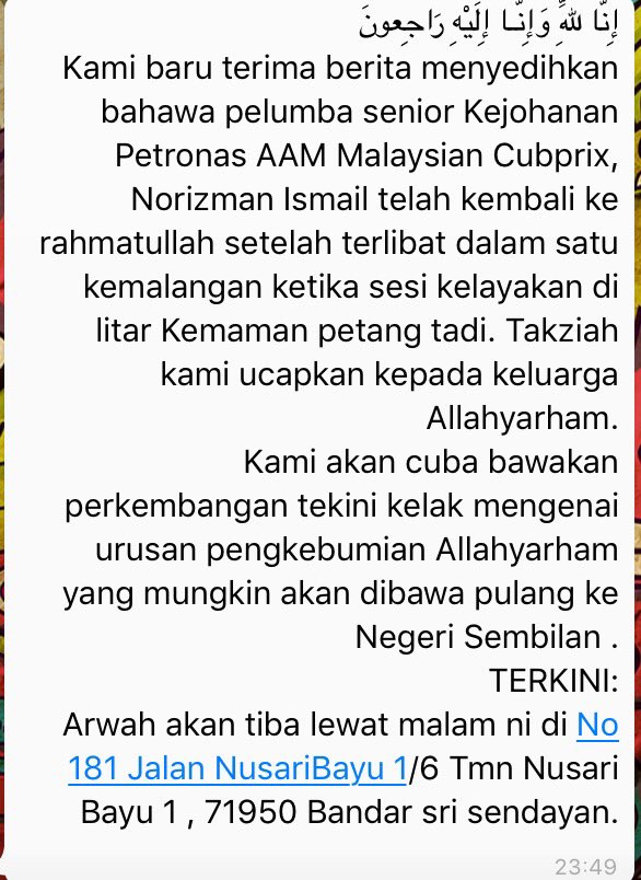 n9Jangx's tweet photo. Sendayan- pelumba senior Kejohanan Petronas AAM Malaysian Cubprix, Norizman Ismail telah kembali ke rahmatullah.
credit #RTN9 https://t.co/DyT8XFpxsz