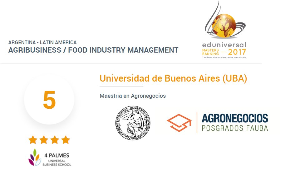 AGRONEGOCIOS FAUBA (@agronegociosuba) on Twitter photo Según <a href="/EduniversalEEA/">Eduniversal EEA</a> nuestra Maestría en #Agronegocios 5ta en el Mundo y 1ra en LatAm! Un logro para compartir con nuestra red: GRACIAS! Según <a href="/EduniversalEEA/">Eduniversal EEA</a> nuestra Maestría en #Agronegocios 5ta en el Mundo y 1ra en LatAm! Un logro para compartir con nuestra red: GRACIAS!