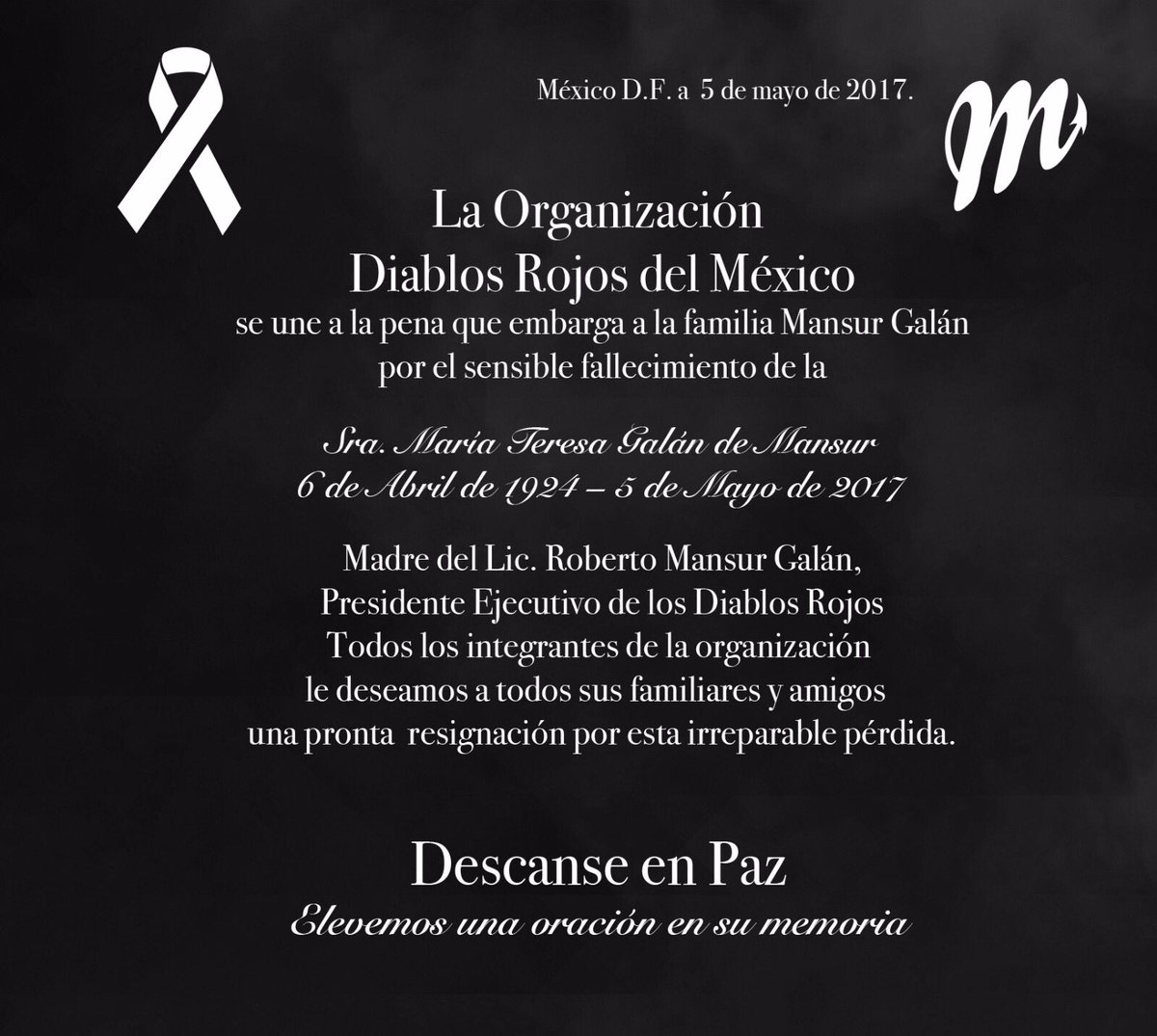 DiablosRojosMX's tweet photo. Lamentamos el fallecimiento de la Sra. María Teresa Galán de Mansur, madre de nuestro Presidente Ejecutivo Lic. Roberto Mansur.
DEP ➕ https://t.co/8PIh29GzNe