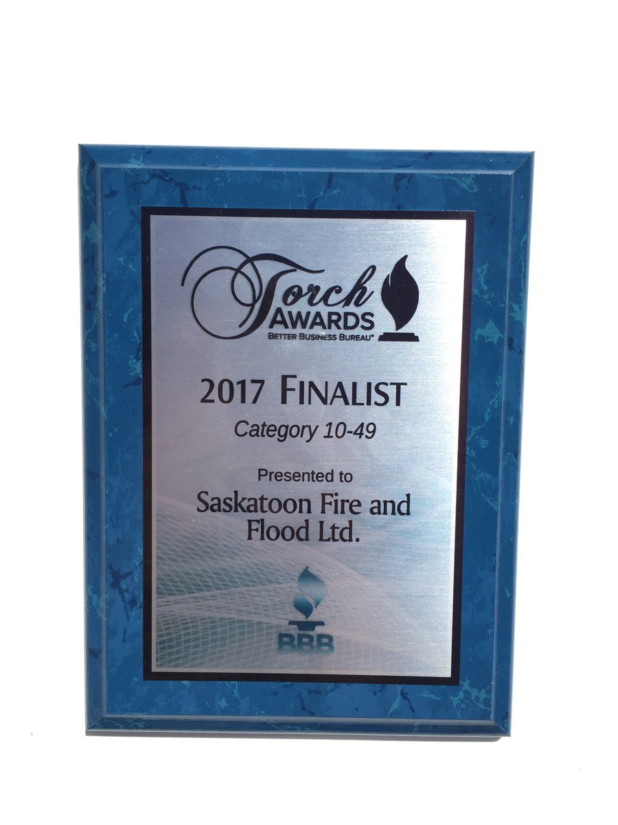 SaskFireFlood's tweet photo. Congratulations to all the winners of the @BBBSask 2017 Torch Awards! We were honored to be a finalist! #yxe #localbusiness https://t.co/uZFVdrIDWd