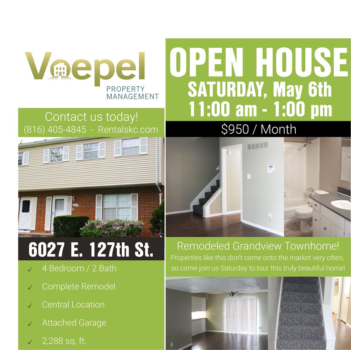 VoepelPropMgt's tweet photo. Saturday May 6th - 11am - 1pm - Join us in Grandview for 3 open Houses!

6001 E. 149th St.
6027 E. 127th St.
14022 Dunbar Ct. https://t.co/vB2vA2KDXS