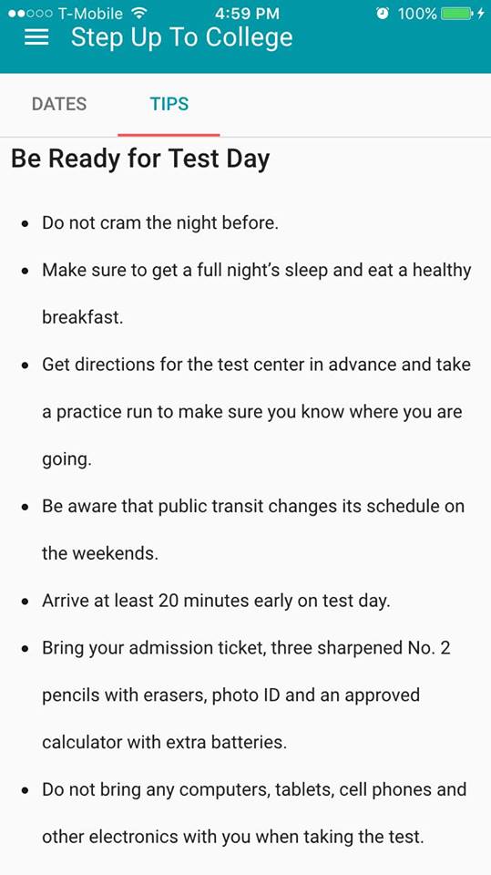 StepUptoCollege's tweet image. Are you taking the SAT tomorrow? Don&apos;t stress! Get #testdaytips when you download the free SUTC mobile app via the @AppStore or @GooglePlay
