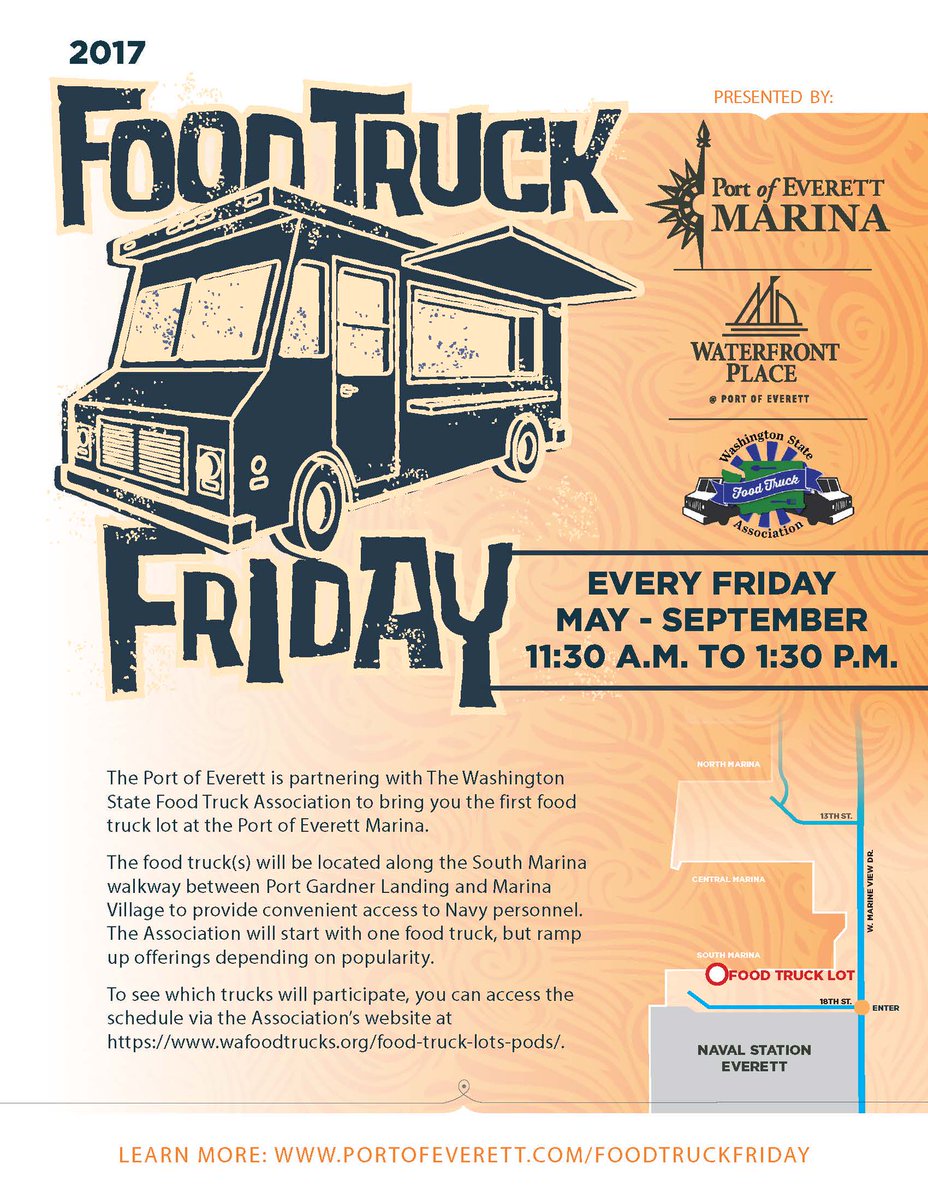 EverettCity's tweet photo. Friday in Everett means @stickitstuffit &amp; @heretheregrill at Wetmore Plaza, along with the Port's first #FoodTruckFriday! #ThisIsEverett https://t.co/naMHhERjjF