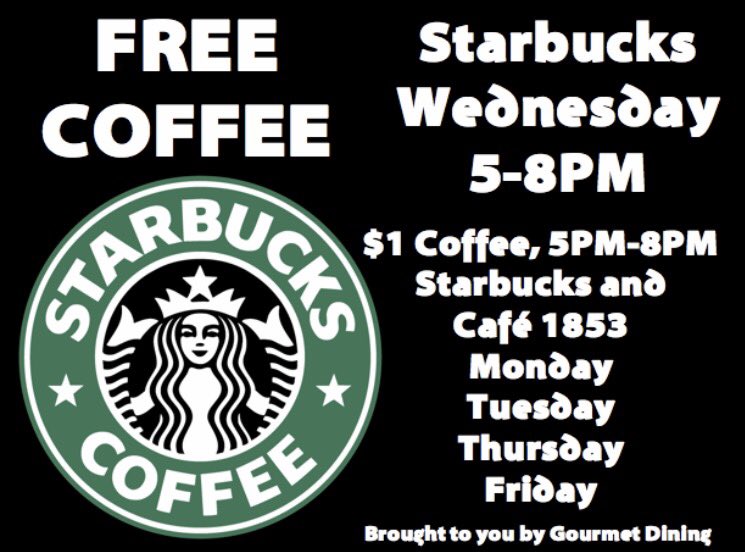 Gear up with FREE coffee on Wednesday and $1 during the rest of the week from 5-8PM! Thank you @GourmetDiningMC !!