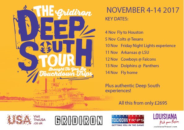 Gridiron's tweet photo. Check out the amazing itinerary for @TouchdownTrips 2017 Deep South Tour.... https://t.co/ybvW3dswA3 @TouchdownTrips https://t.co/xPzUVpLQaU