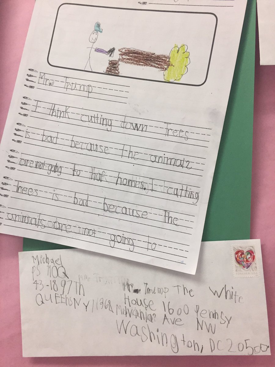 PS110Q's tweet photo. Our kindergarten students wrote letters and mailed them to the president to share their opinions on deforestation and pollution. @POTUS @EPA https://t.co/S6IAD4JPie