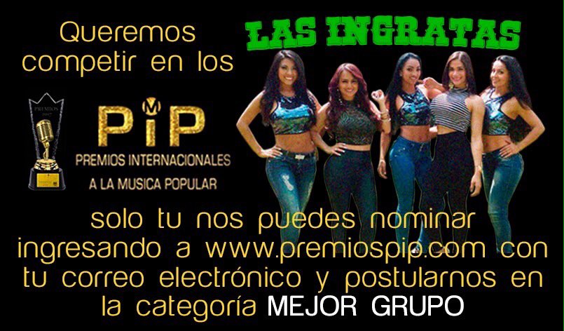 lasingratas1's tweet photo. Tu apoyo nos permitirá estar en los #PremiosPiP ingresa a https://t.co/fd9LqG4via con tu email y nos postulas 💪🏼🎶💋💋 https://t.co/QZeB7J36q0