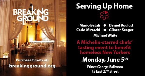 Breaking Ground (@brground) on Twitter photo Join <a href="/Mariobatali/">Mario Batali</a>, <a href="/DelPosto/">Del Posto</a>, & Chef Josh Laurano of <a href="/lasirenany/">La Sirena Ristorante</a> to benefit homeless NYers on June 5th! Tix @ breakingground.org/servinguphome Join <a href="/Mariobatali/">Mario Batali</a>, <a href="/DelPosto/">Del Posto</a>, & Chef Josh Laurano of <a href="/lasirenany/">La Sirena Ristorante</a> to benefit homeless NYers on June 5th! Tix @ breakingground.org/servinguphome