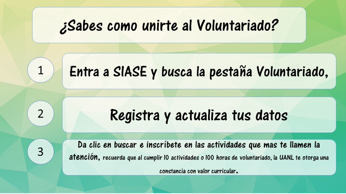 ¿Sabes como unirte a <a href="/VoluntarioUANL/">VoluntariadoUANL</a>?
Sigue estos tres sencillos pasos 
<a href="/biologiauanl/">FCB UANL</a> <a href="/anguve57/">Antonio Guzman</a>