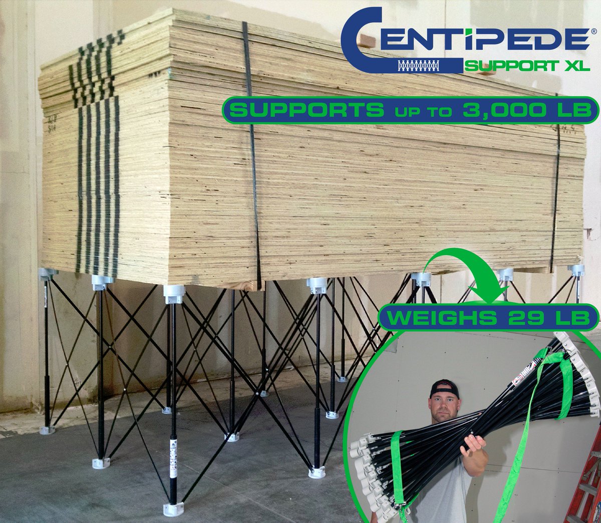BoraTool's tweet photo. #CentipedeSupportXL supports up to 3,000 lbs with 15 steel struts over a 4'x8' area & can be carried over a shoulder
https://t.co/otuga97YQ8 https://t.co/unCLOLPVrK