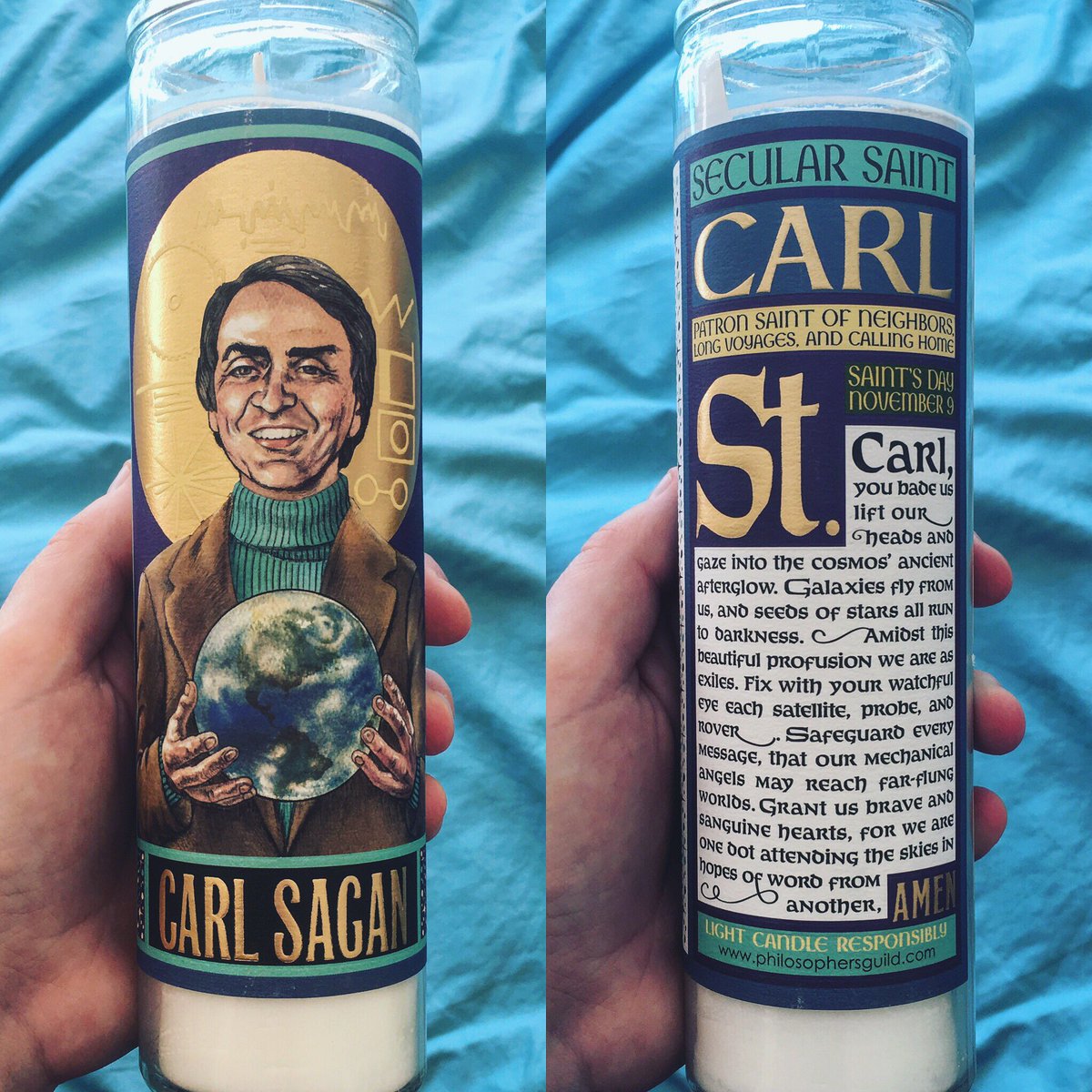katieraegordon's tweet photo. pretty excited about my new #secularsaint prayer candle. Carl Sagan, Saint of neighbors, long voyages, and calling home. https://t.co/jZjG9s3FTe