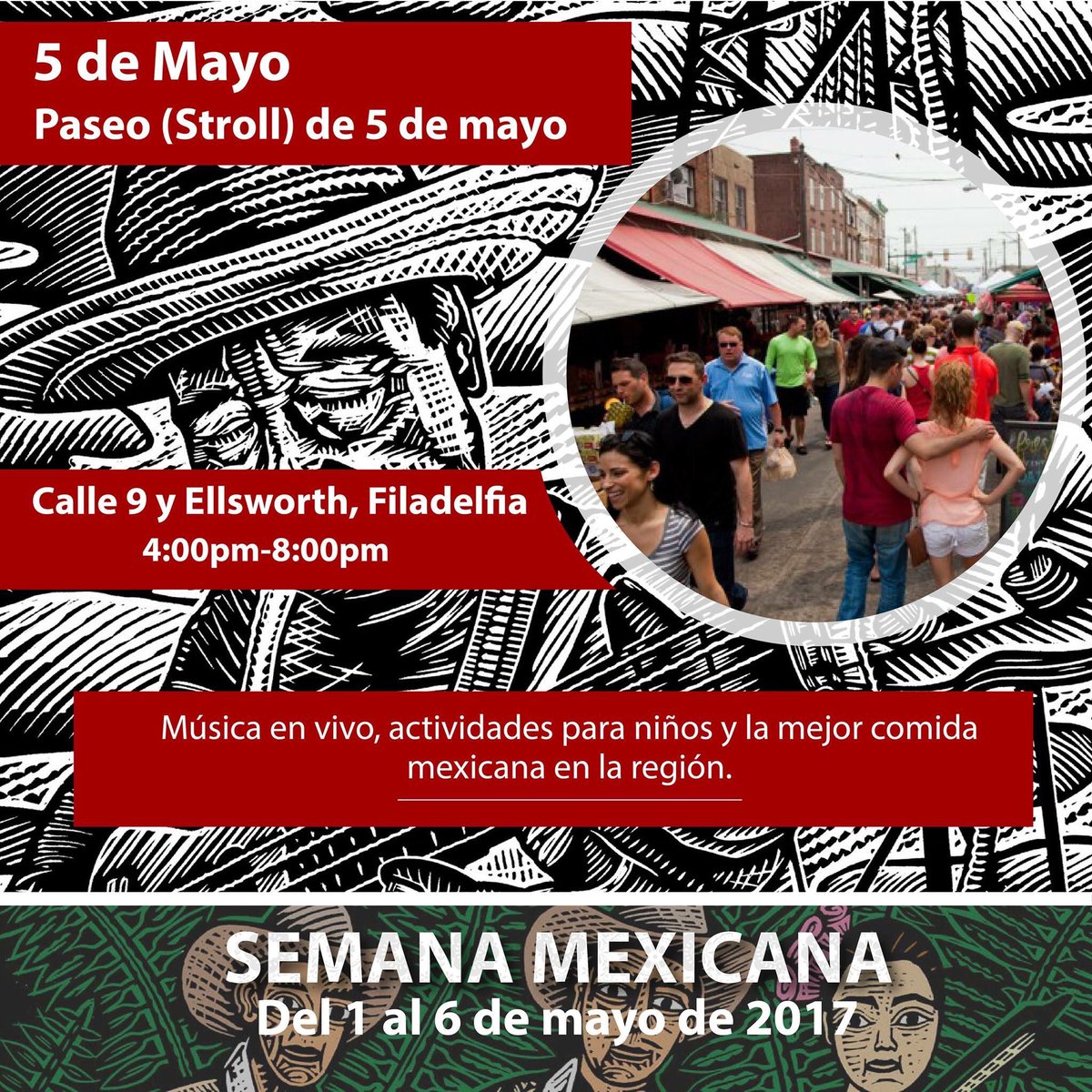 ConsulmexFila's tweet photo. ¡Música en vivo, actividades para niños y la mejor comida de la región! Hoy en la calle 9 y Ellsworth del sur de Filadelfia. #MexicanWeek https://t.co/3qc1kyLpP8