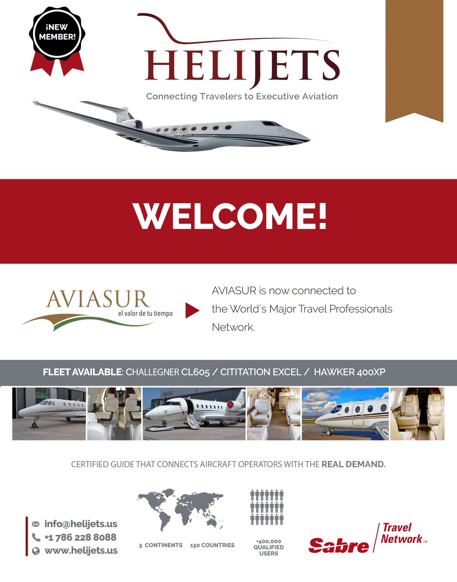 HelijetsUs's tweet photo. We are thrilled to welcome Aviasur to Helijets,They are now connected with the major Travel Professionals Network through Sabre Corporation https://t.co/FMMPtsdySL